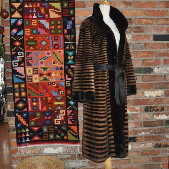 Brown Blonde Horizontal Stripe Mink Fur Full Length Long Coat Jacket, Sable Trim - Picture 2 of 13
